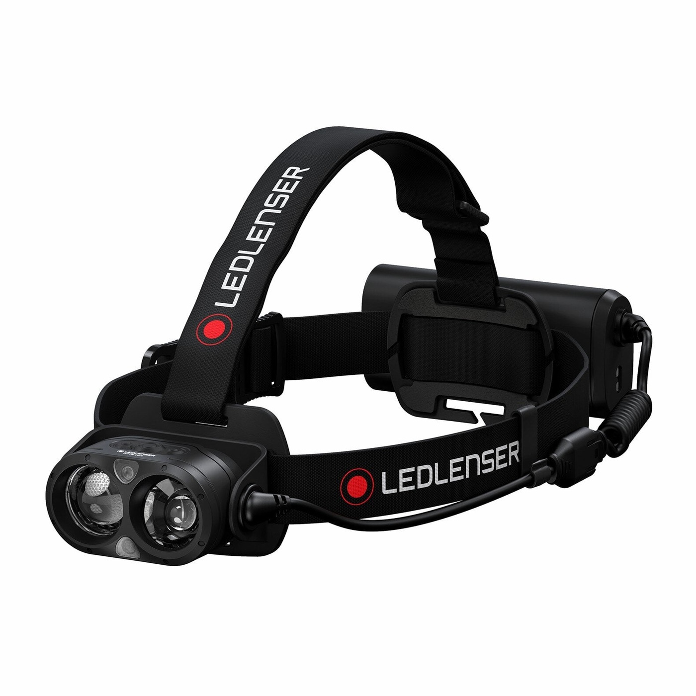 Ledlenser H19R Core čierna — čelovka šikmo spredu, dve optiky vedľa seba, čierny popruh s logom a zadný batériový box