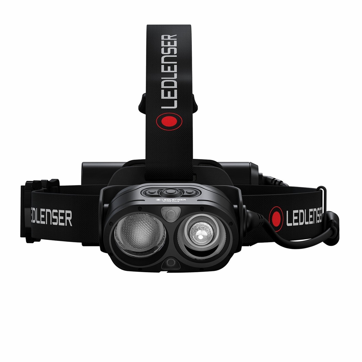 Ledlenser H19R Core spredu s temenným popruhom — fazetovaná a hladká optika vedľa seba, tri tlačidlá navrchu hlavy