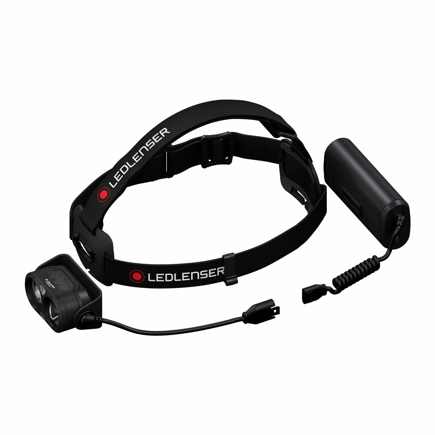 Ledlenser H19R Core rozložená — hlava odpojená z držiaka, kábel s konektorom, batériový box s točeným káblom a popruh