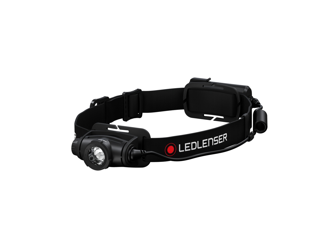 Ledlenser H5 Core čierna — čelovka šikmo spredu, hlava s optikou a rebrovaným prstencom, zadný box a špirálový kábel