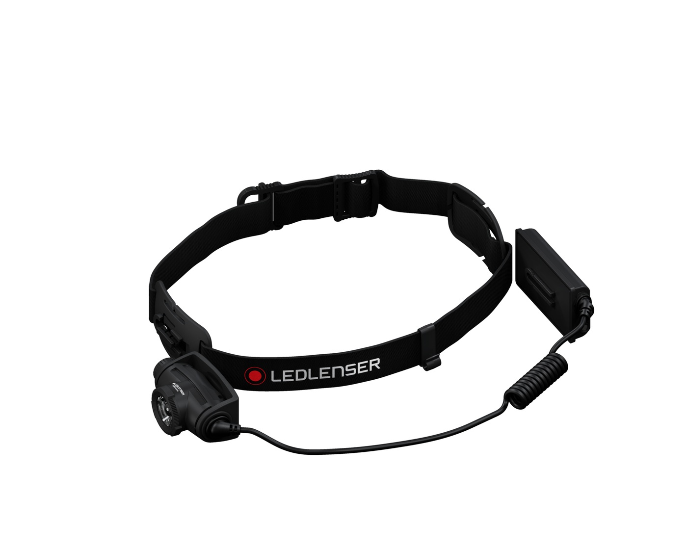 Ledlenser H5 Core rozložená — hlava vybratá z predného držiaka, kábel k zadnému boxu, popruh s nápisom Ledlenser