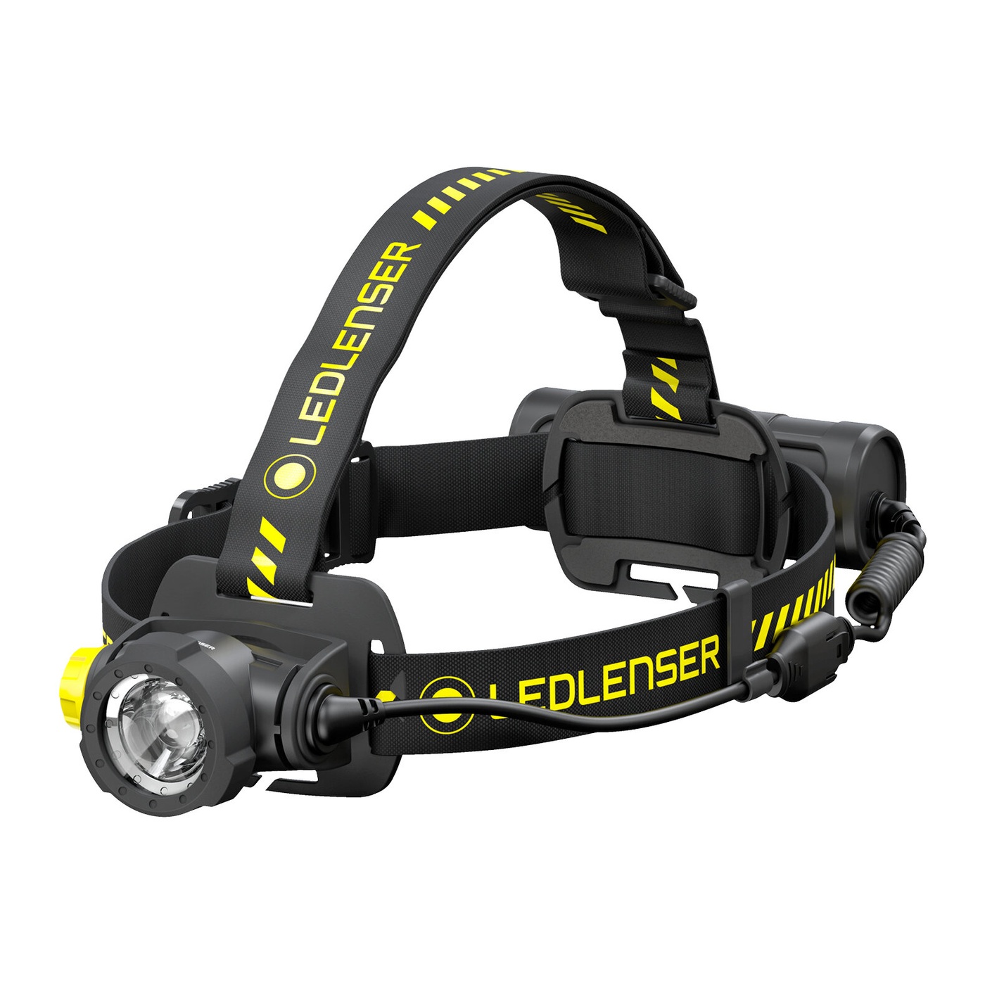 Ledlenser H7R Work čierno-žltá — čelovka šikmo spredu, hlava s čírou optikou, čierno-žltý popruh a zadný batériový box