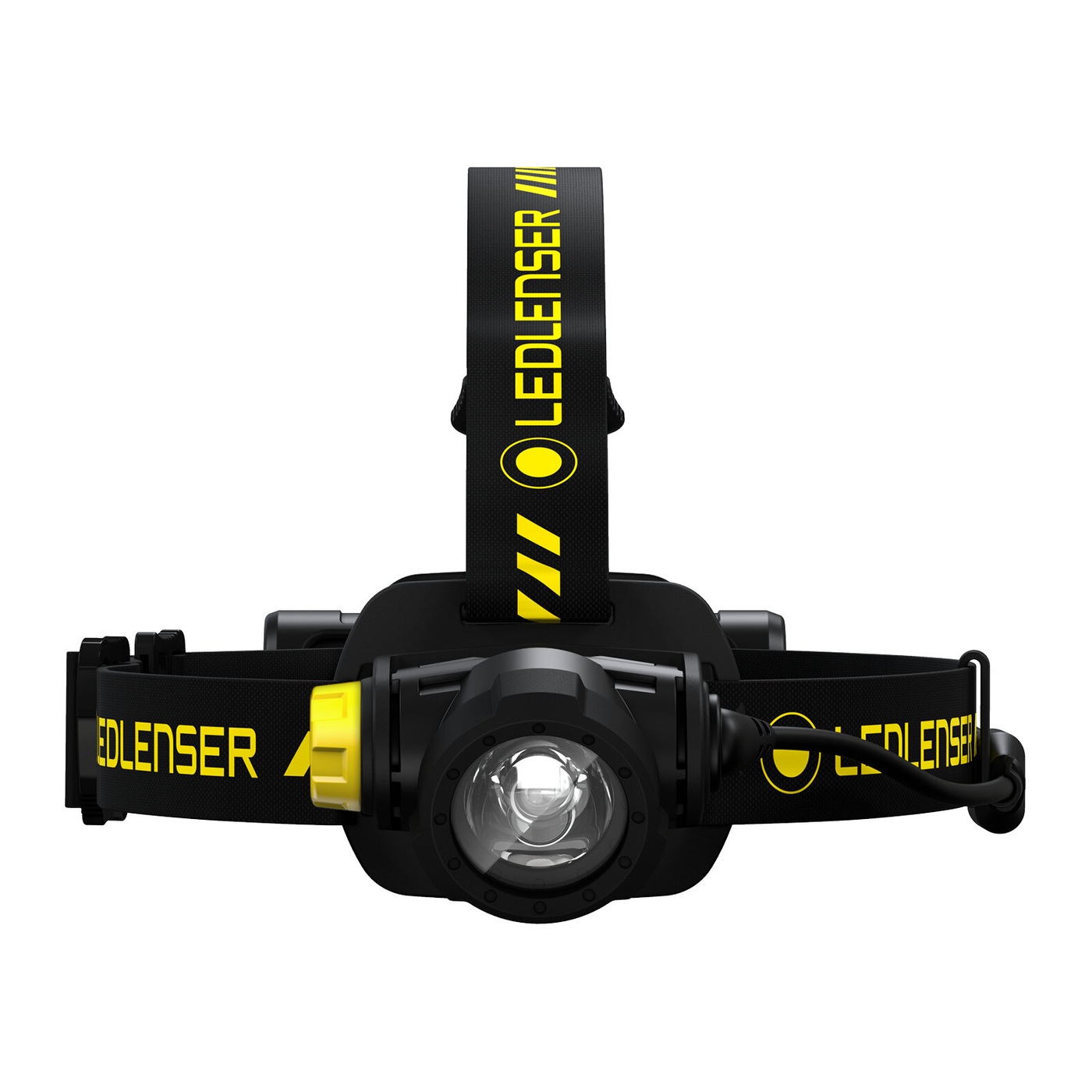 Ledlenser H7R Work spredu s temenným popruhom — žltý prstenec s tlačidlom na boku hlavy, popruh s nápisom Ledlenser