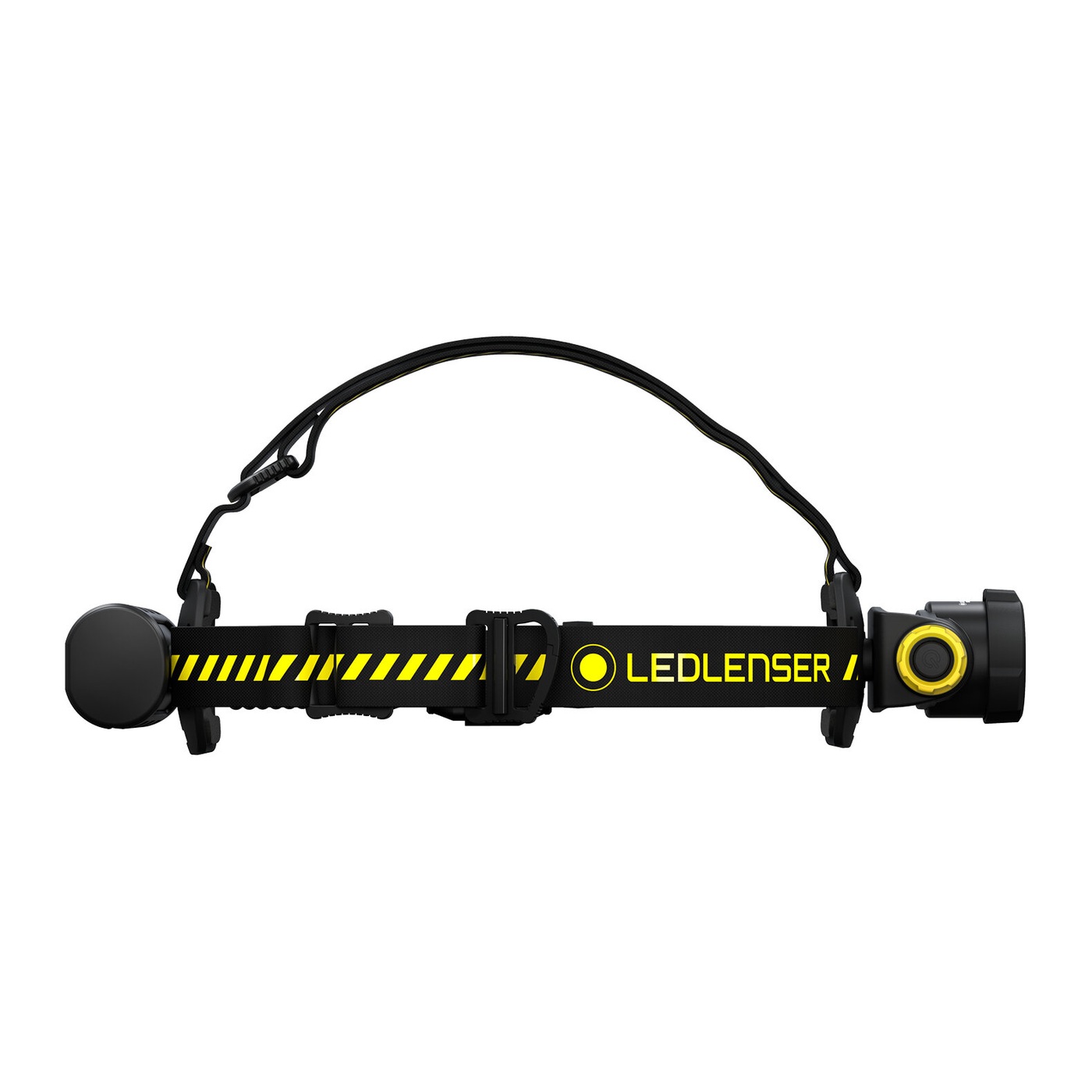 Ledlenser H7R Work zboku — batériový box vzadu, hlava so žltým prstencom vpredu, temenný popruh s nastavovacími prackami