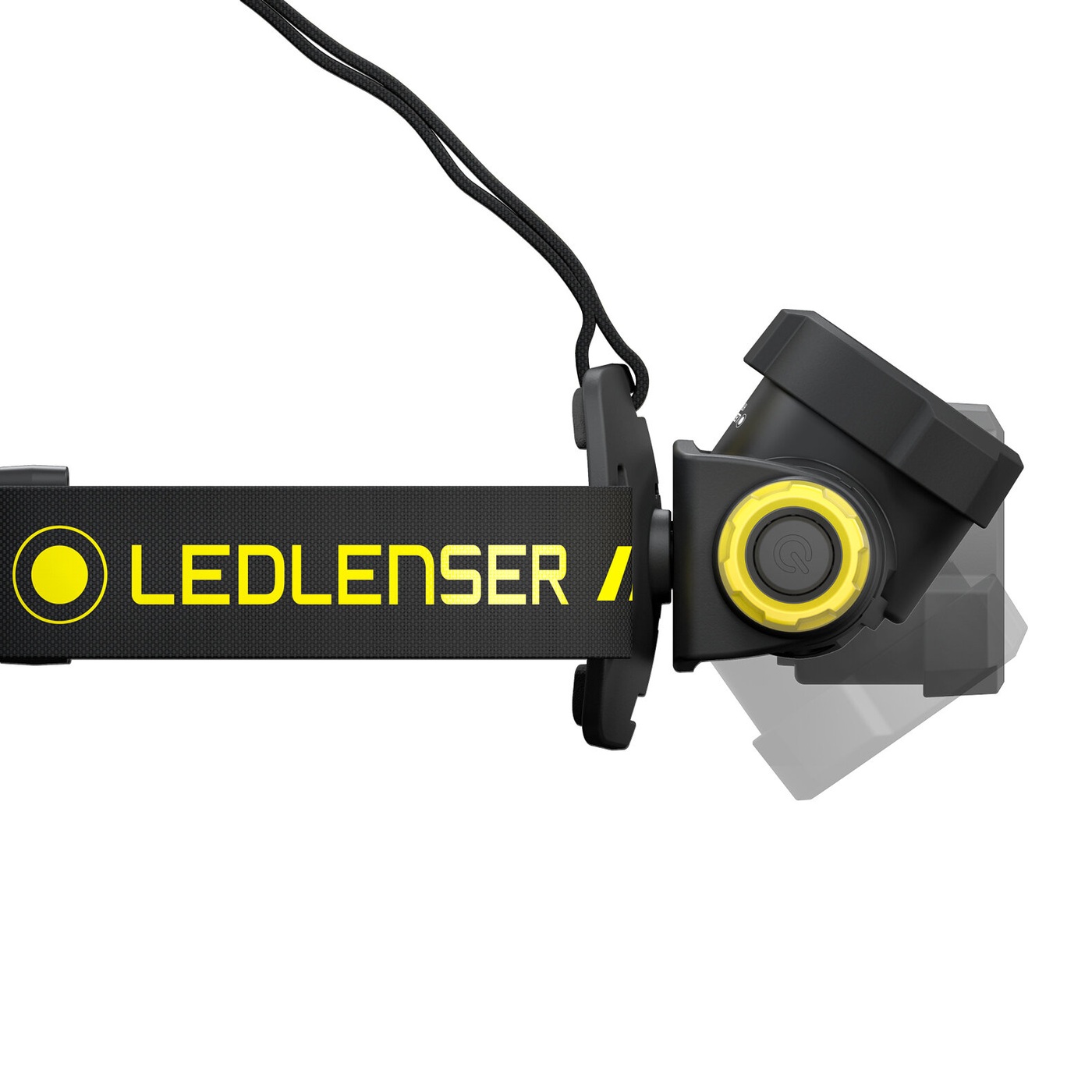 Ledlenser H7R Work — naklápanie hlavy v bočnom držiaku, naznačený rozsah sklopenia nadol, žltý prstenec s tlačidlom