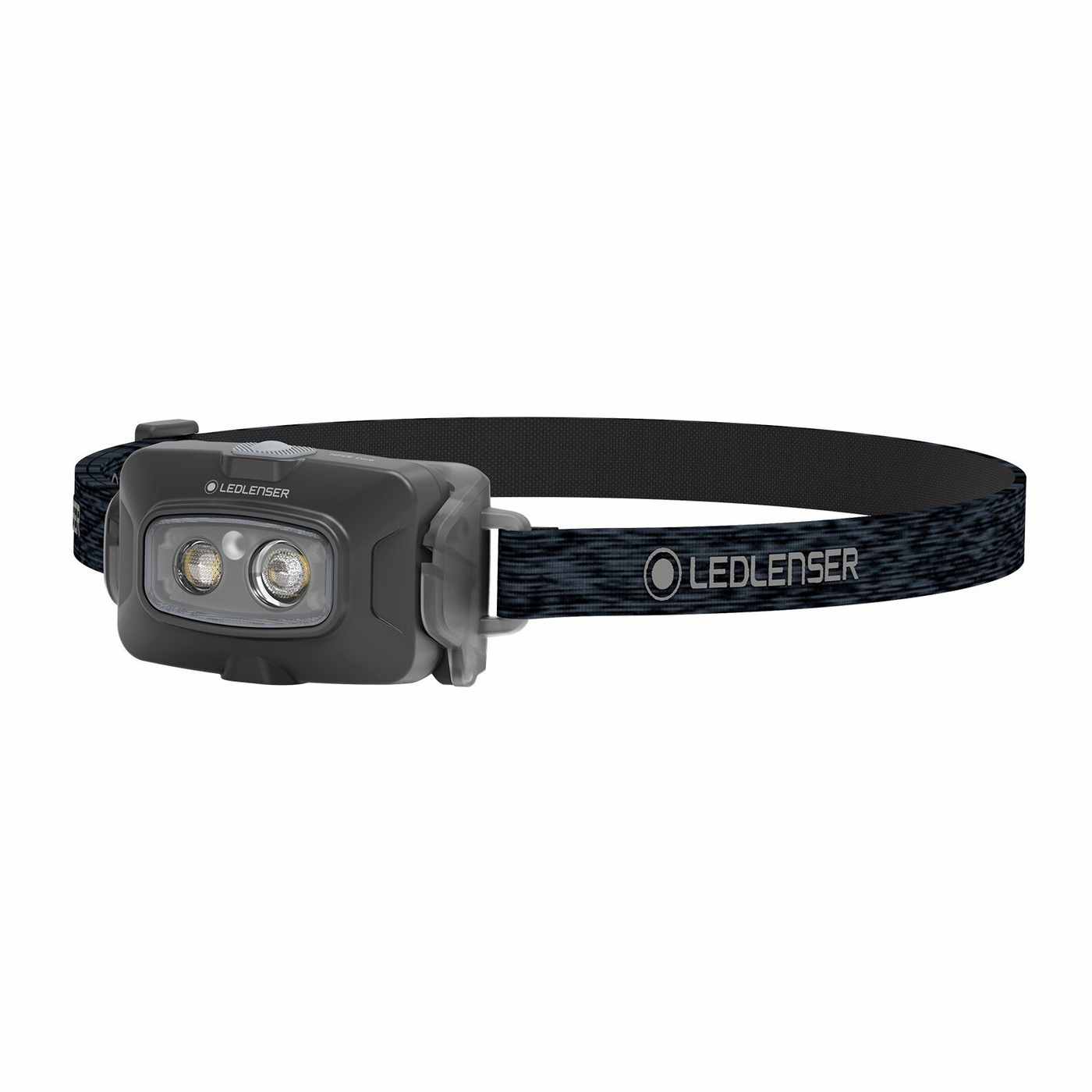 Ledlenser HF4R Core čierna — čelovka šikmo spredu, dve LED v spoločnom okienku, tlačidlo hore, melírovaný popruh LEDLENSER