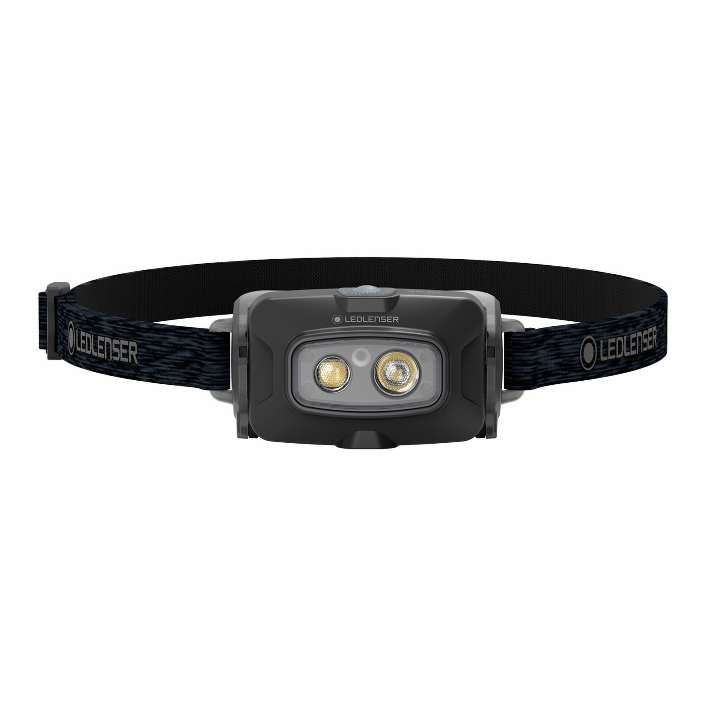 Ledlenser HF4R Core čierna spredu — nápis LEDLENSER na hlave, dve LED s bodom medzi nimi, popruh s logom na oboch stranách