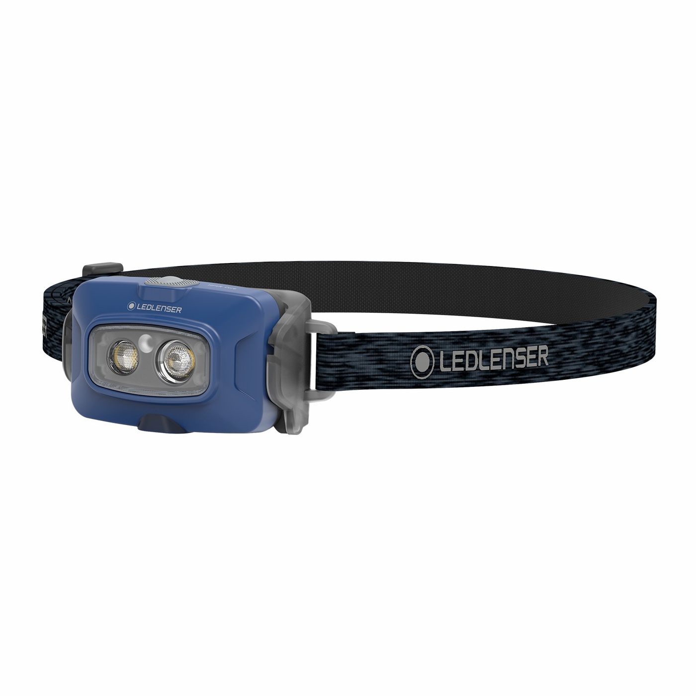 Ledlenser HF4R Core modrá — čelovka šikmo spredu, dve LED v sivom okienku a melírovaný popruh LEDLENSER