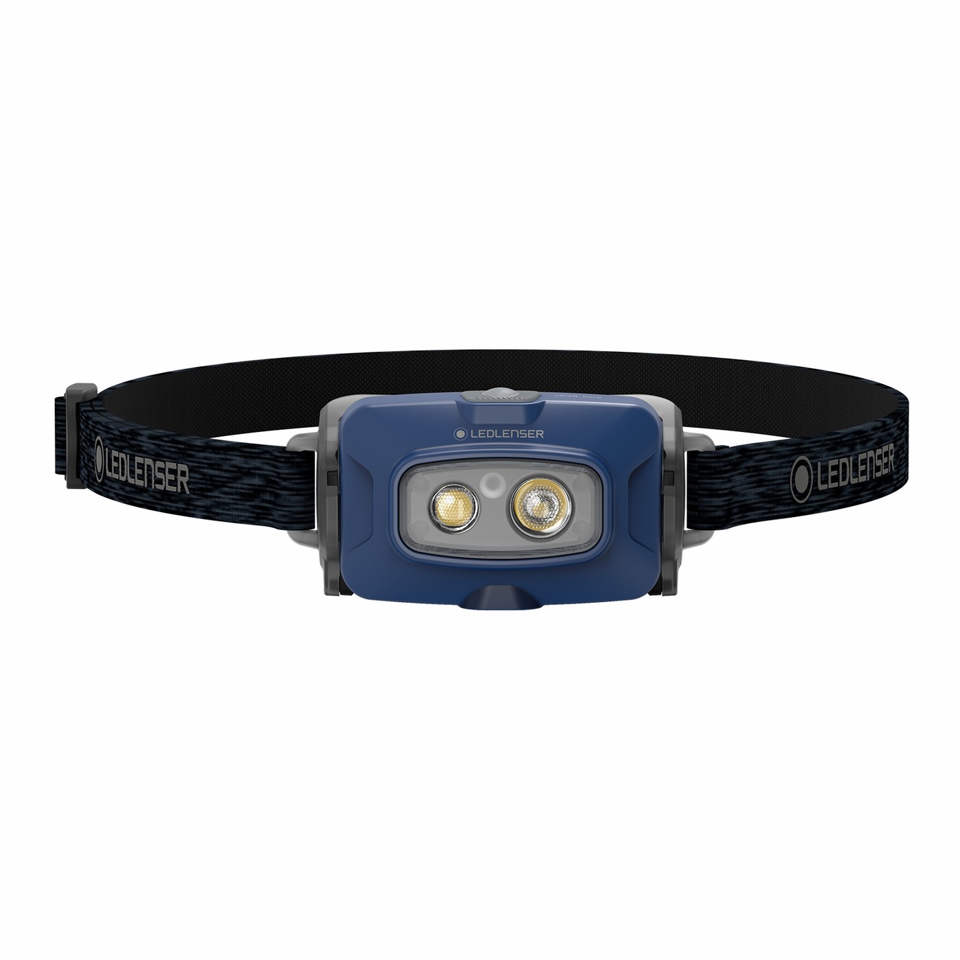 Ledlenser HF4R Core modrá spredu — nápis LEDLENSER na hlave, dve LED so svetlým bodom medzi nimi, čierny popruh
