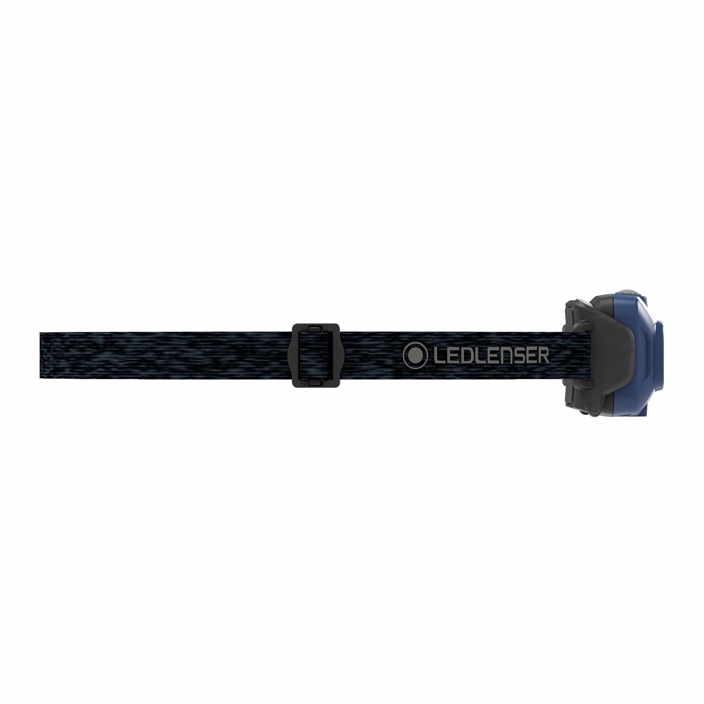 Ledlenser HF4R Core modrá zboku — melírovaný popruh s prackou a nápisom LEDLENSER, hlava v držiaku vzpriamená