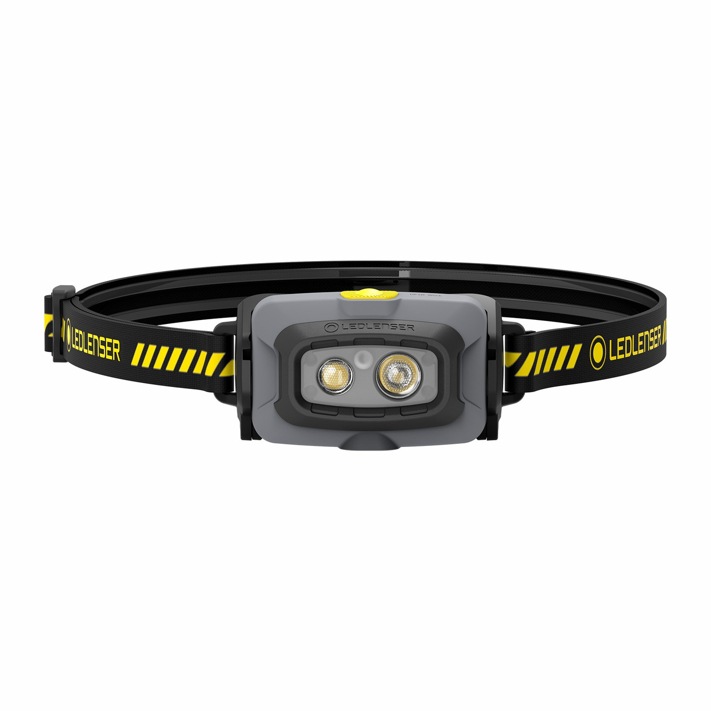 Ledlenser HF4R Work žltá spredu — dve LED v okienku, nápis Ledlenser na hlave, žlté tlačidlo hore, popruh so žltými pruhmi