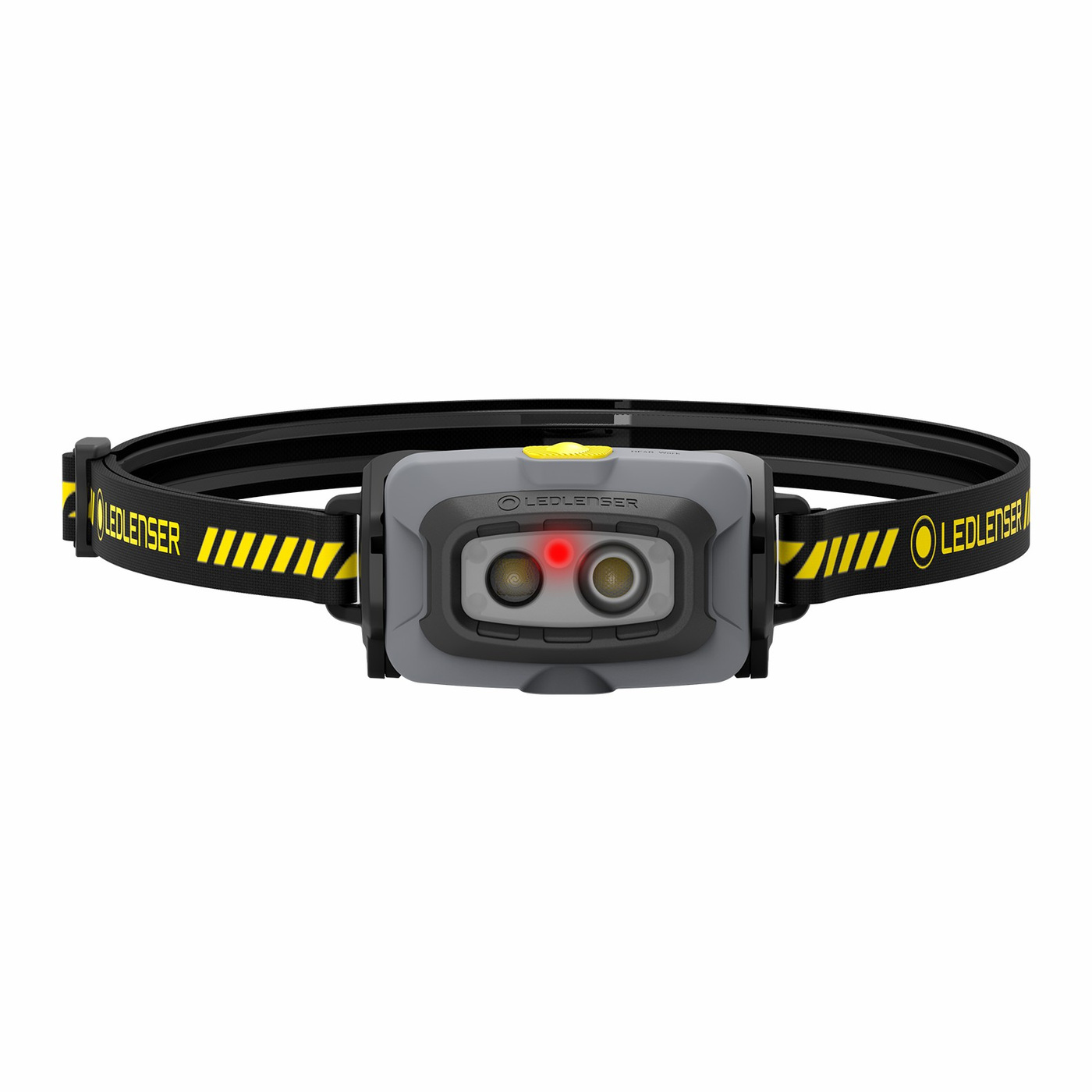Ledlenser HF4R Work žltá spredu so zapnutou červenou LED medzi dvoma bielymi optikami, žlté tlačidlo, popruh s pruhmi