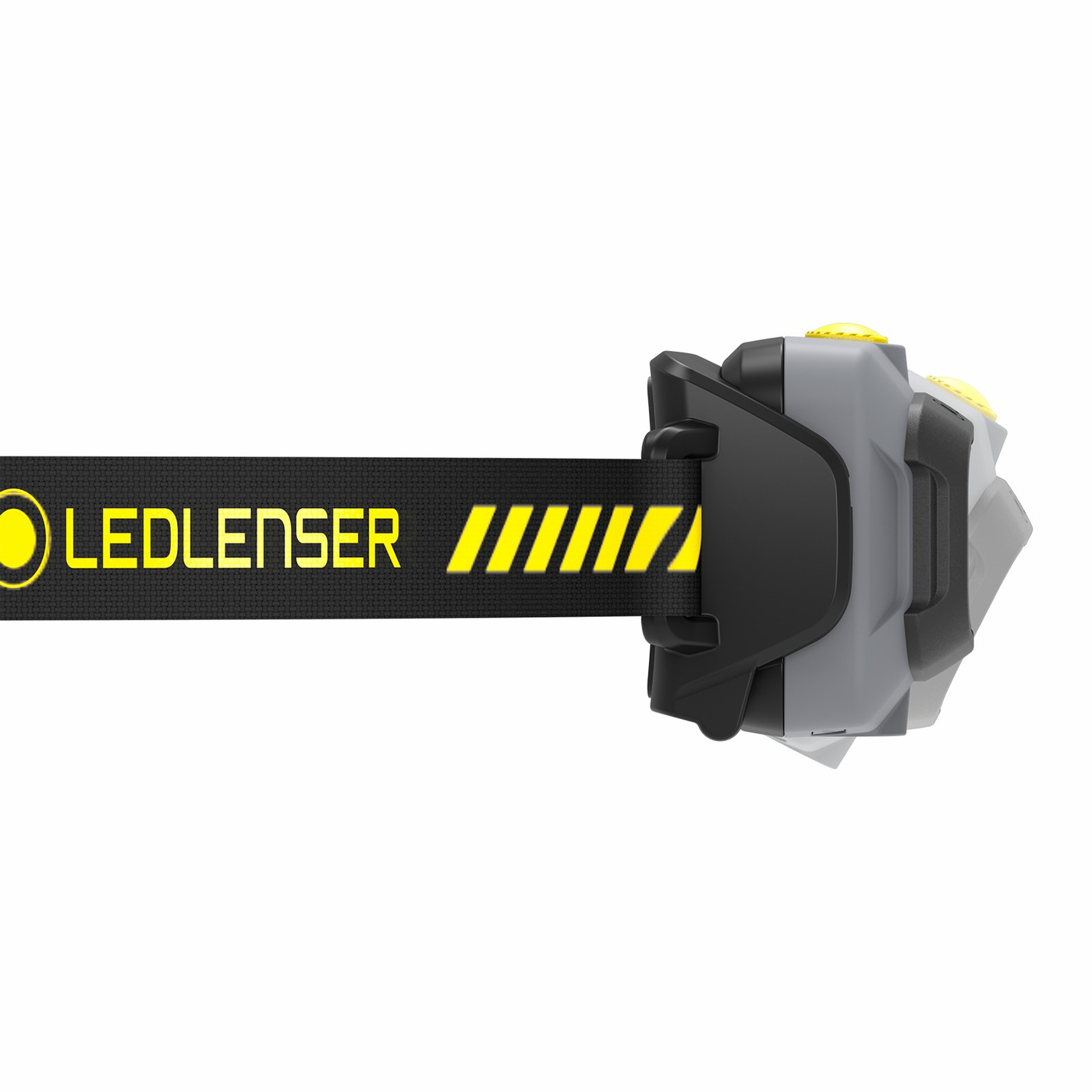 Ledlenser HF4R Work žltá — naklápanie hlavy v bočnom držiaku, sklopená hlava a naznačená vzpriamená poloha, popruh s pruhmi