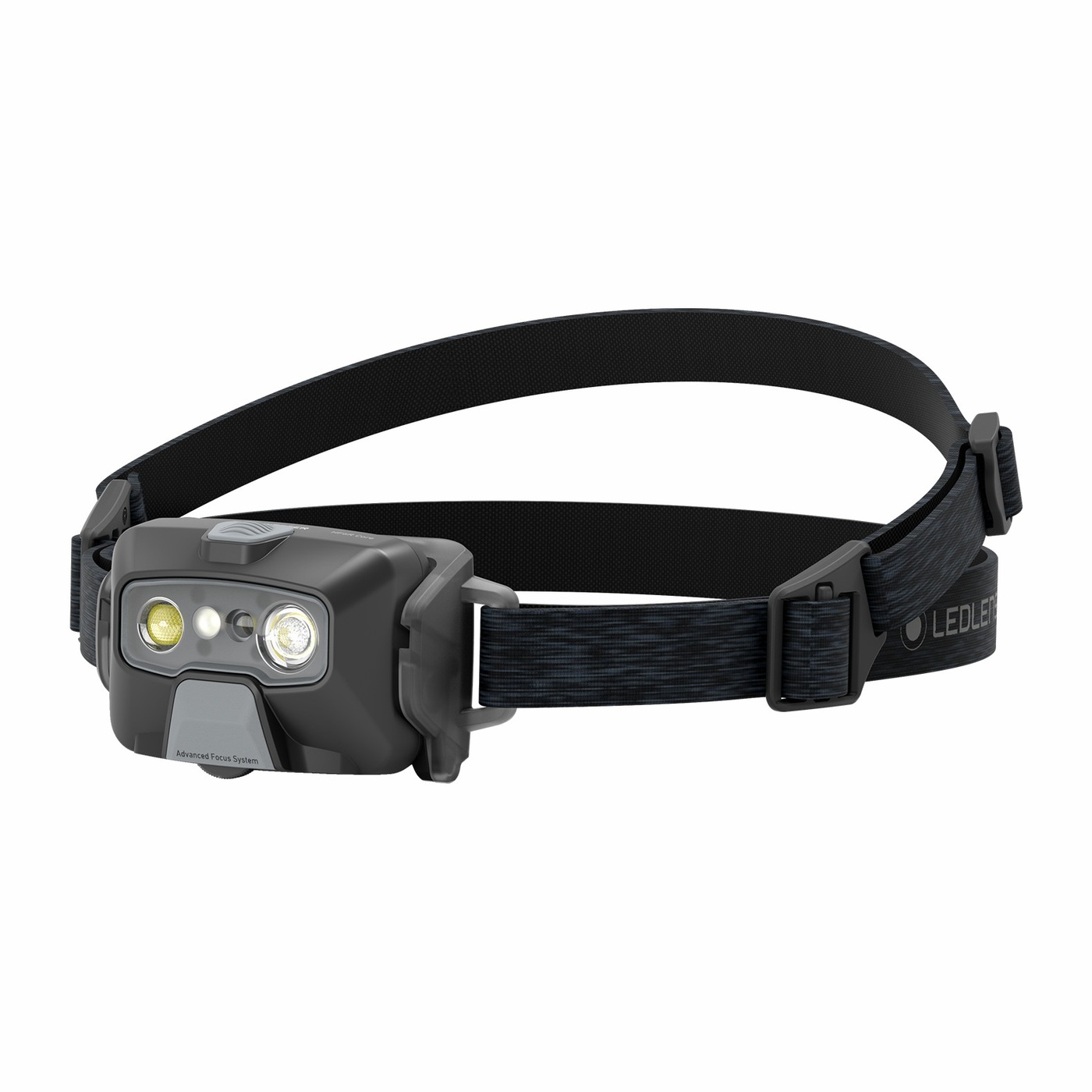 Ledlenser HF6R Core čierna — čelovka šikmo spredu, dve optiky a dva drobné prvky v okienku, dvojitý popruh