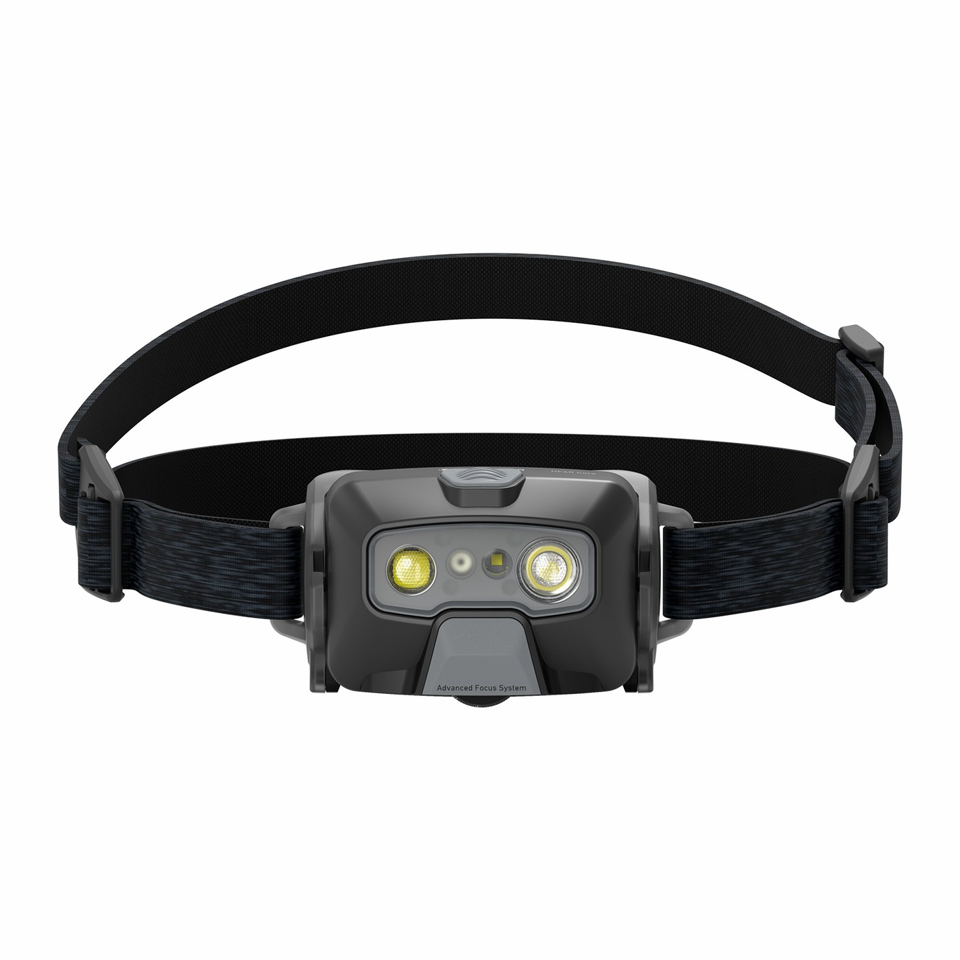 Ledlenser HF6R Core čierna spredu — dve optiky, medzi nimi dva drobné prvky, potlač Advanced Focus System