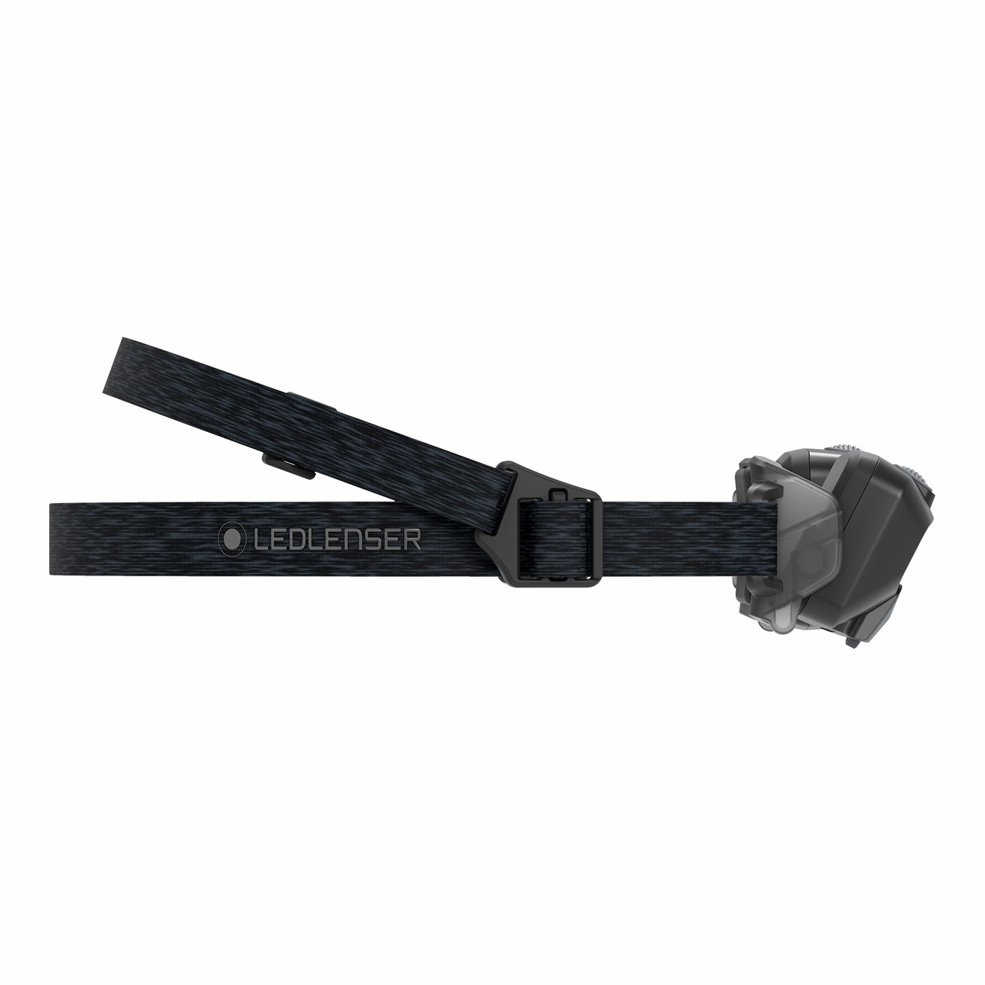Ledlenser HF6R Core čierna zboku — dvojitý popruh cez temeno a okolo hlavy s nápisom LEDLENSER, hlava v držiaku
