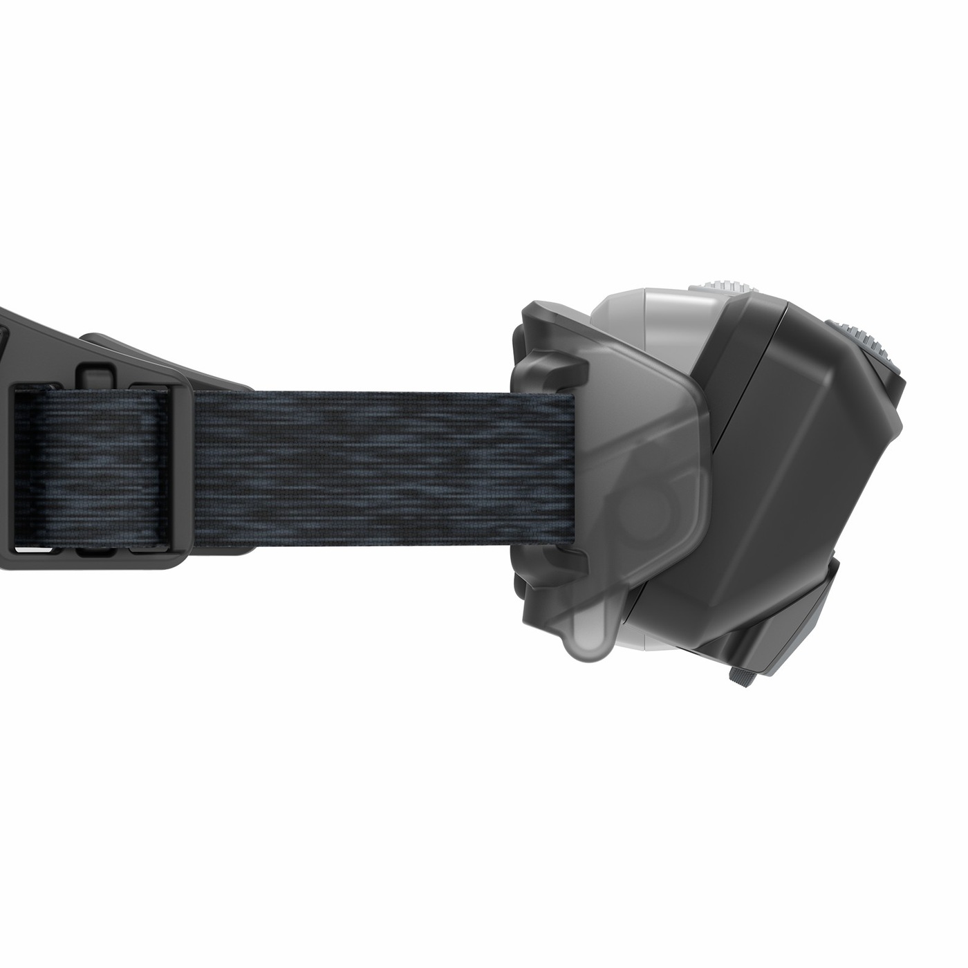 Ledlenser HF6R Core čierna — detail držiaka s hlavou sklopenou nadol, ryhovaný okraj hlavy, širší popruh