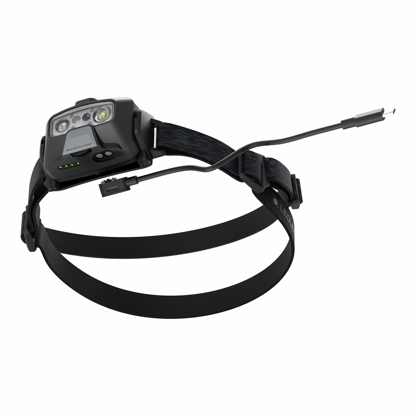 Ledlenser HF6R Core čierna — štyri zelené kontrolky batérie a magnetická koncovka nabíjacieho kábla USB-C