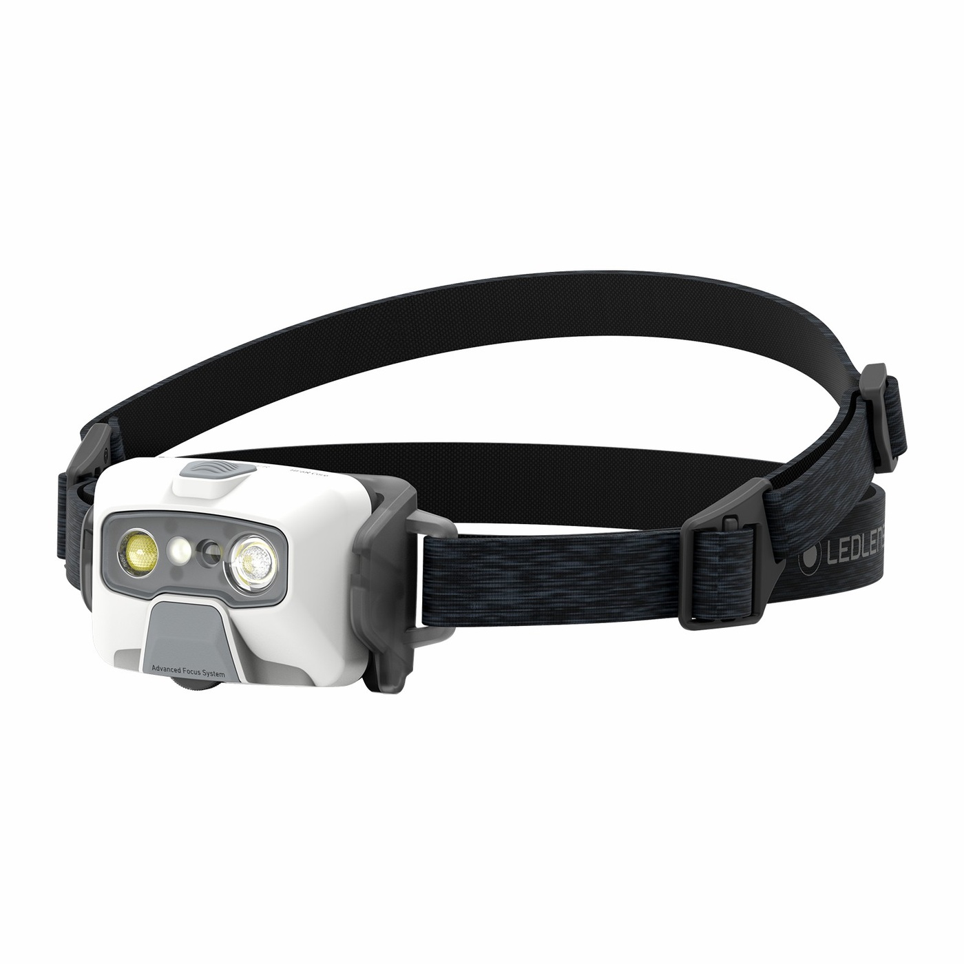 Ledlenser HF6R Core biela — čelovka šikmo spredu, dve optiky a dva drobné prvky v okienku, dvojitý popruh
