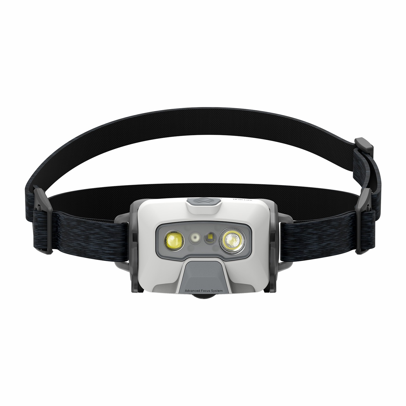Ledlenser HF6R Core biela spredu — dve optiky, medzi nimi dva drobné prvky, potlač Advanced Focus System