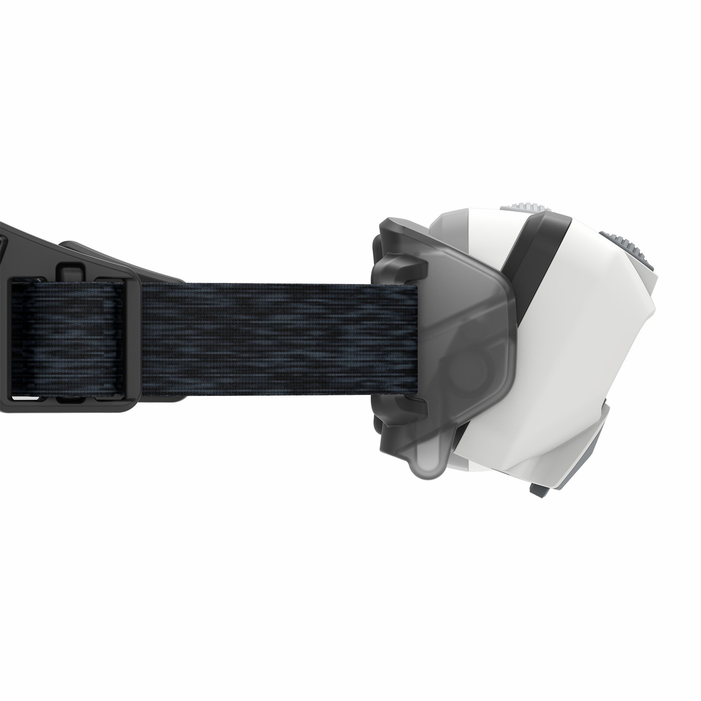 Ledlenser HF6R Core biela — detail držiaka s bielou hlavou sklopenou nadol, ryhovaný okraj, širší popruh