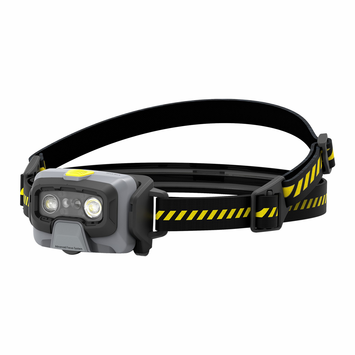Ledlenser HF6R Work žltá — čelovka šikmo spredu, sivá hlava so žltým tlačidlom a dvoma optikami, popruh so žltými pruhmi