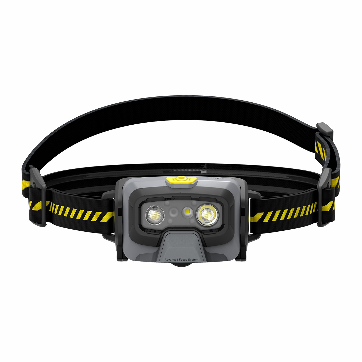 Ledlenser HF6R Work žltá spredu — dve optiky v okienku, žlté tlačidlo hore, popruh s výstražnými pruhmi a sivými sponami
