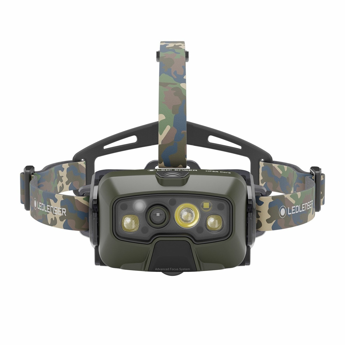 Ledlenser HF8R Core RGB kamufláž — čelovka spredu s bočným aj temenným popruhom, štyri optiky a prepínač navrchu hlavy