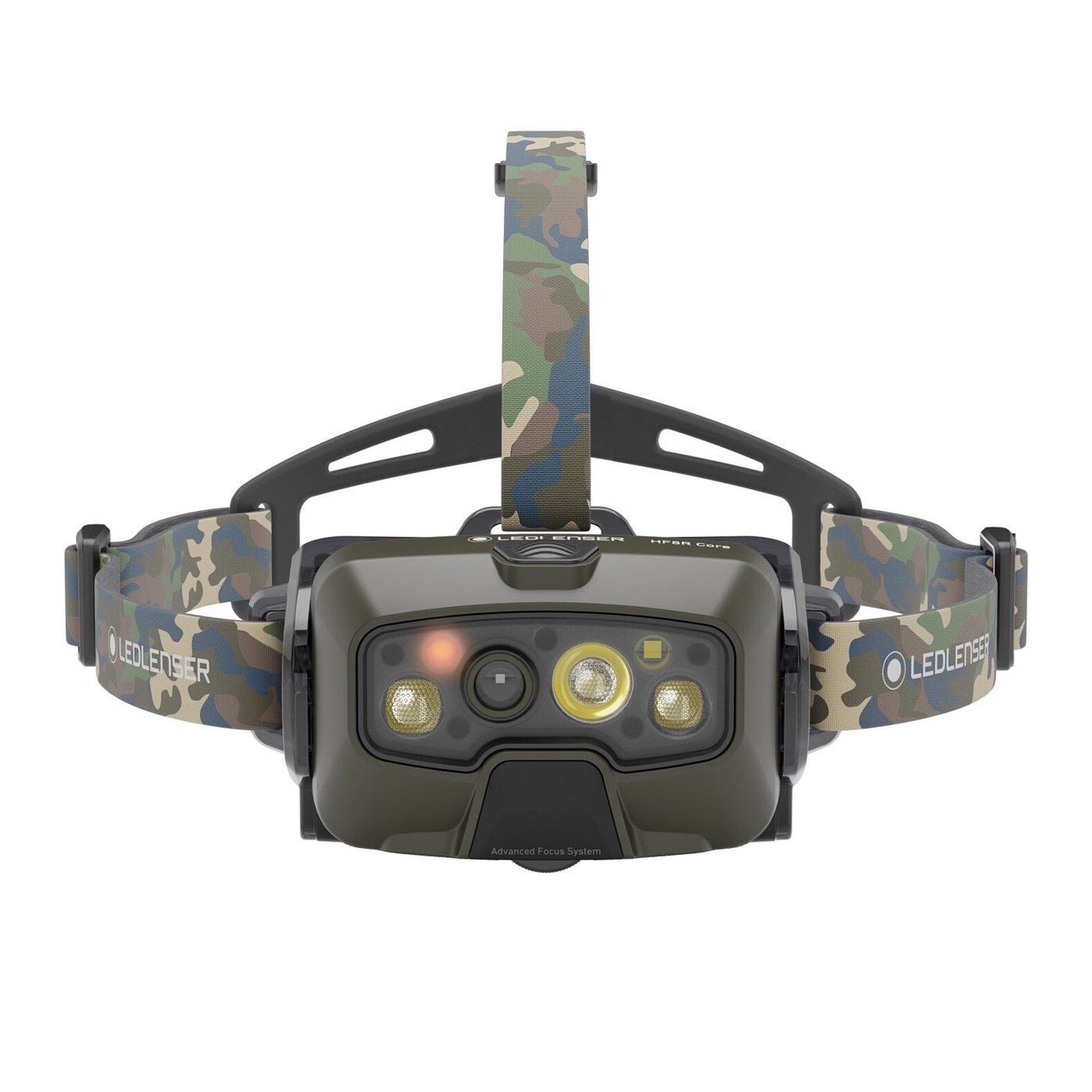 Ledlenser HF8R Core RGB kamufláž spredu so zapnutým červeným svetlom — malá červená LED vľavo hore vedľa hlavnej optiky