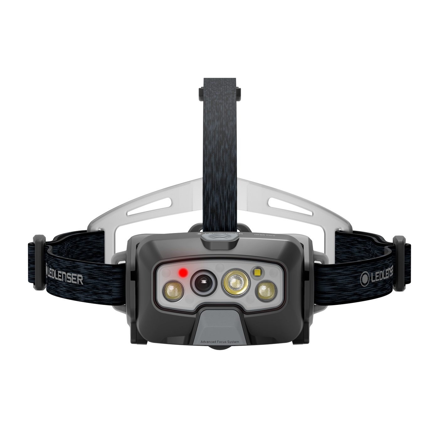 Ledlenser HF8R Core čierna spredu so zapnutou červenou LED vľavo hore v okienku, biele optiky vypnuté, temenný popruh