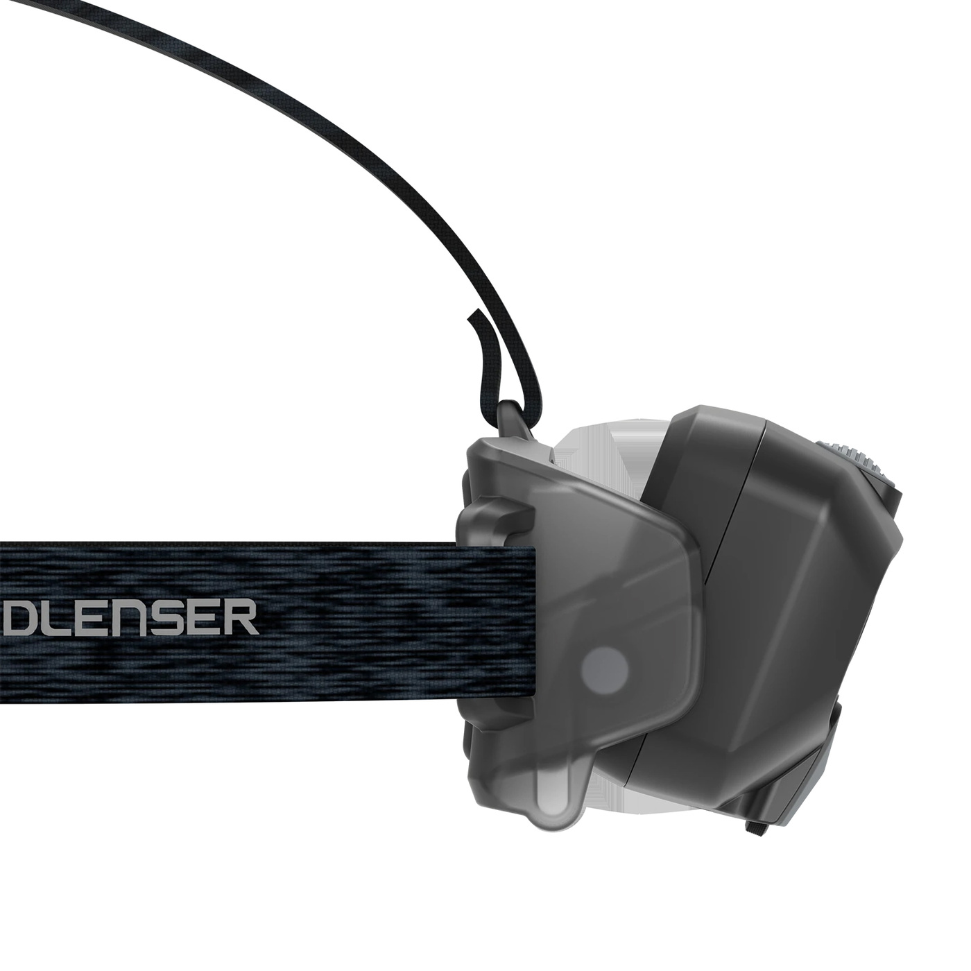 Ledlenser HF8R Core čierna — detail bočného držiaka s hlavou sklopenou nadol, priesvitný kĺb, popruh s nápisom Ledlenser