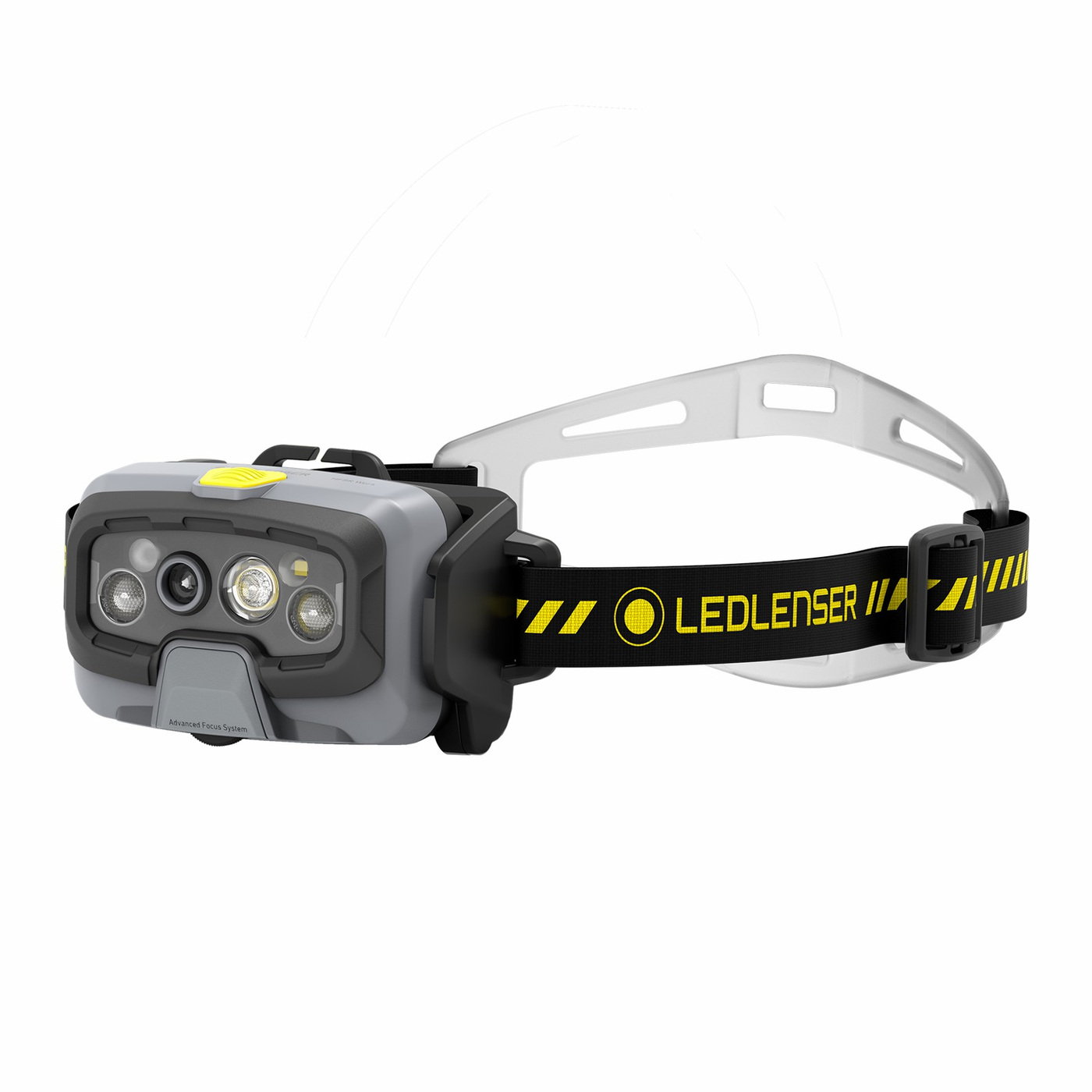 Ledlenser HF8R Work žltá — čelovka šikmo spredu, sivá hlava so žltým tlačidlom, čierno-žltý popruh s výstražnými pruhmi