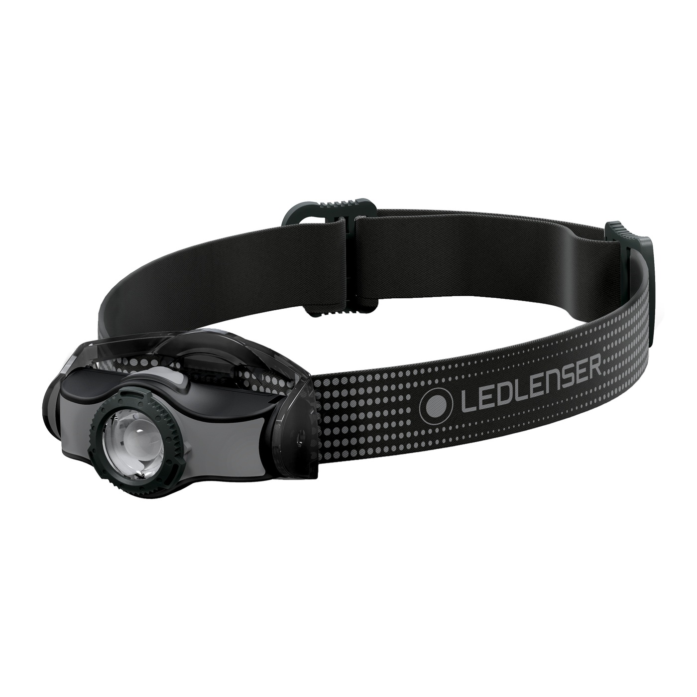 Ledlenser MH3 čierno-sivá — čelovka šikmo spredu, sivé bočnice hlavy, optika s prstencom, bodkovaný popruh Ledlenser