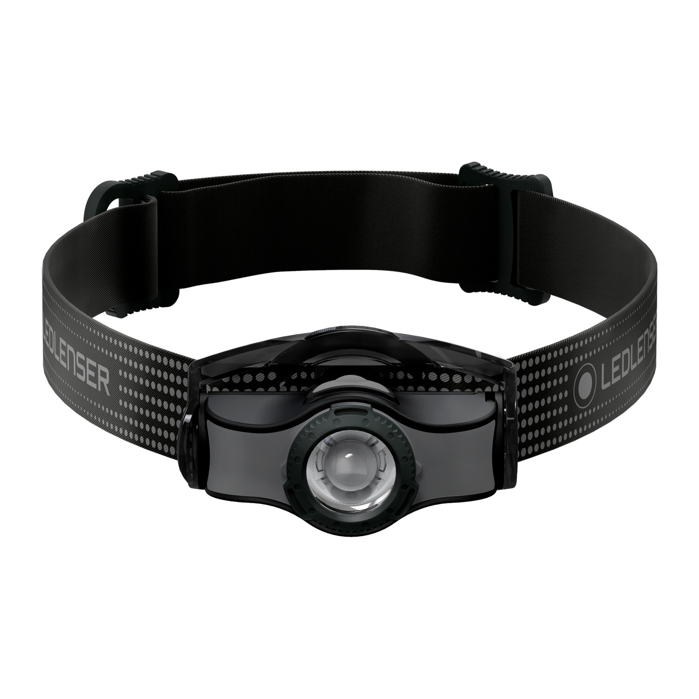 Ledlenser MH3 spredu — optika v strede hlavy so sivými bočnicami, priesvitný rám držiaka, bodkovaný popruh na oboch stranách