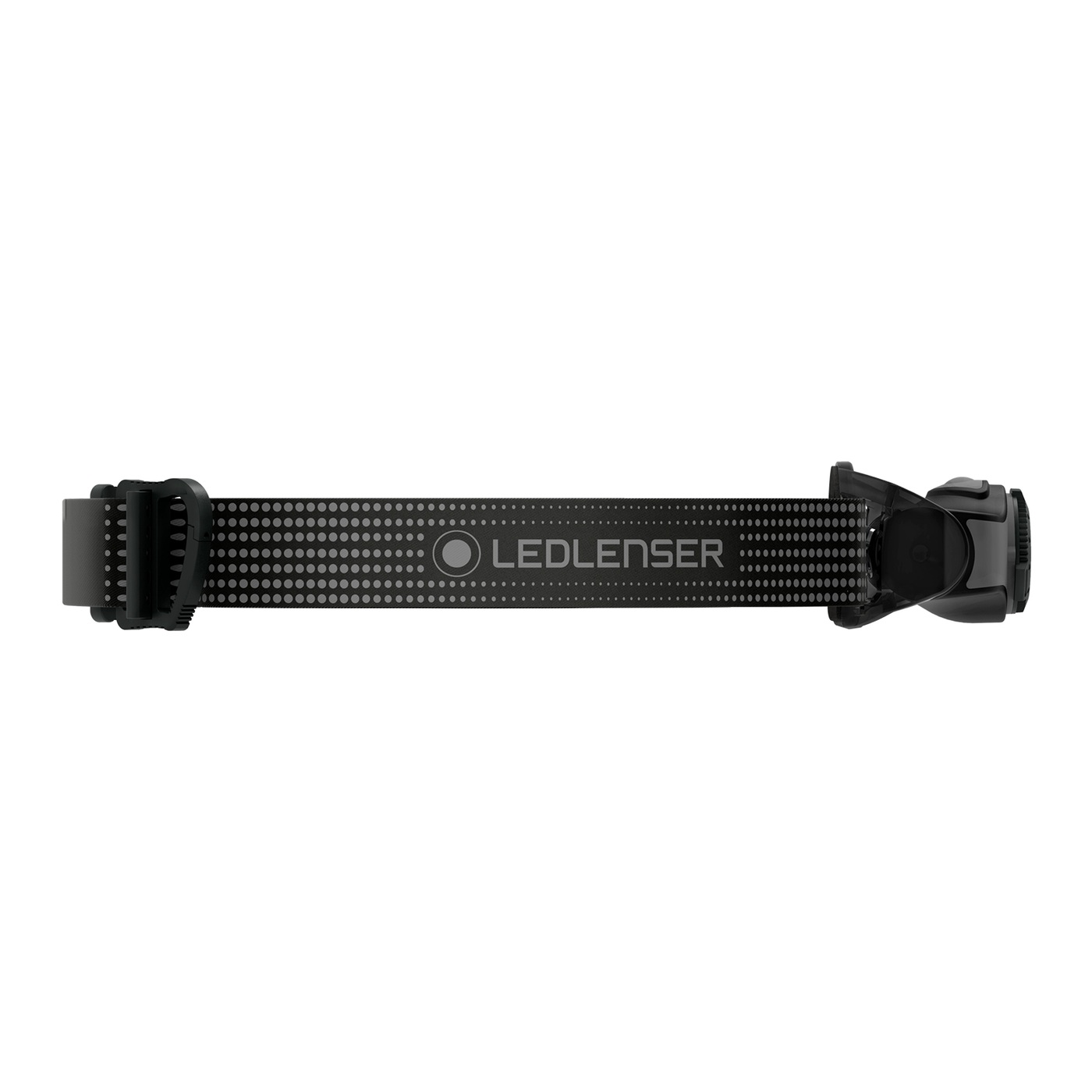 Ledlenser MH3 zboku — hlava v priesvitnom držiaku s okrúhlym čapom, sivá bočnica, bodkovaný popruh s logom Ledlenser