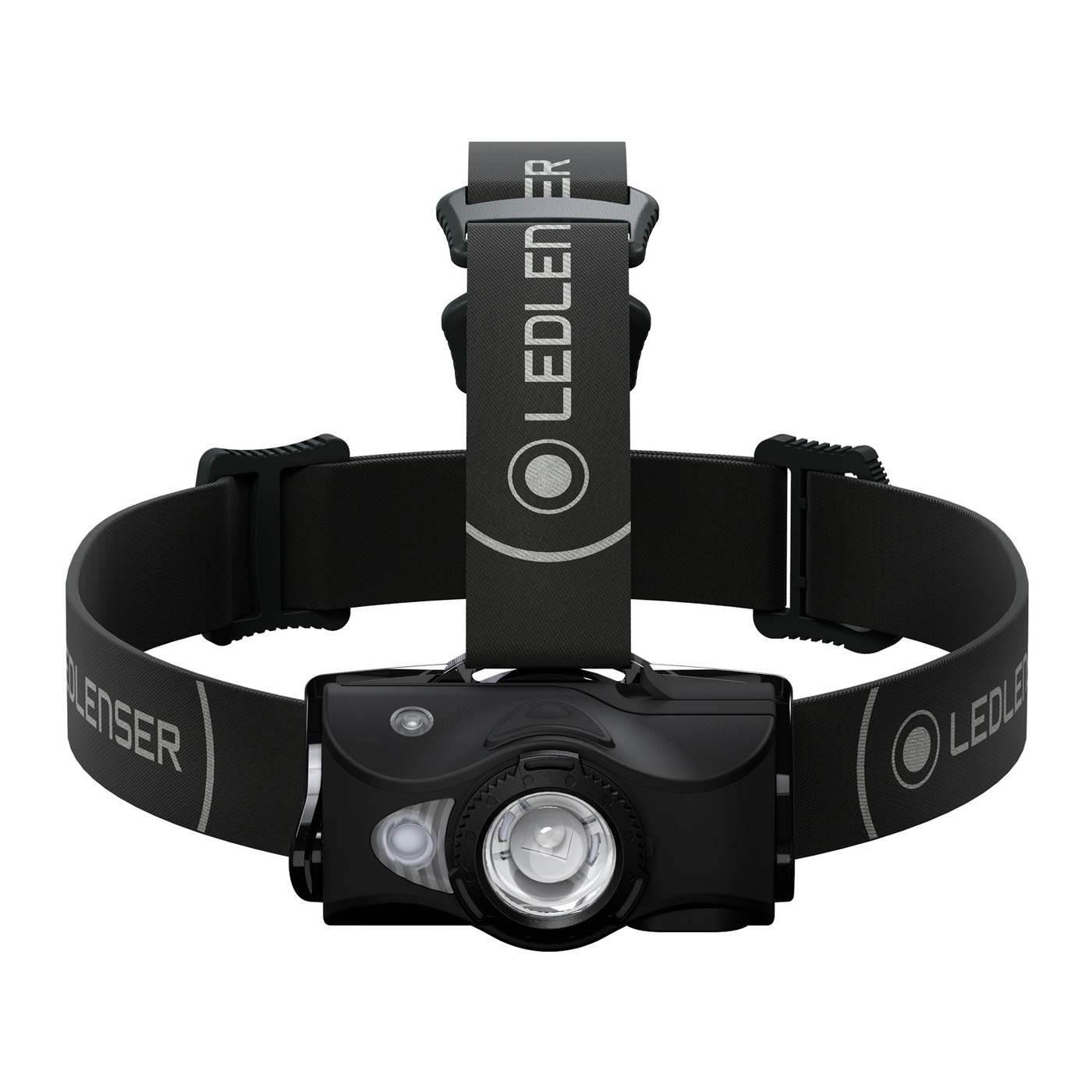 Ledlenser MH8 spredu — hlavná optika a okienko druhej LED vľavo, tlačidlo na hornej hrane hlavy, popruh Ledlenser