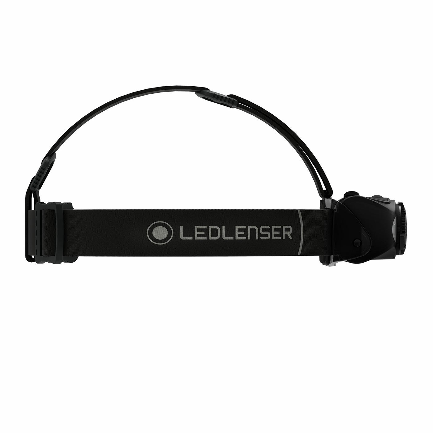 Ledlenser MH8 zboku — hlava v bočnom držiaku, čierny popruh so sivým logom Ledlenser, tenká temenná šnúra so sponou