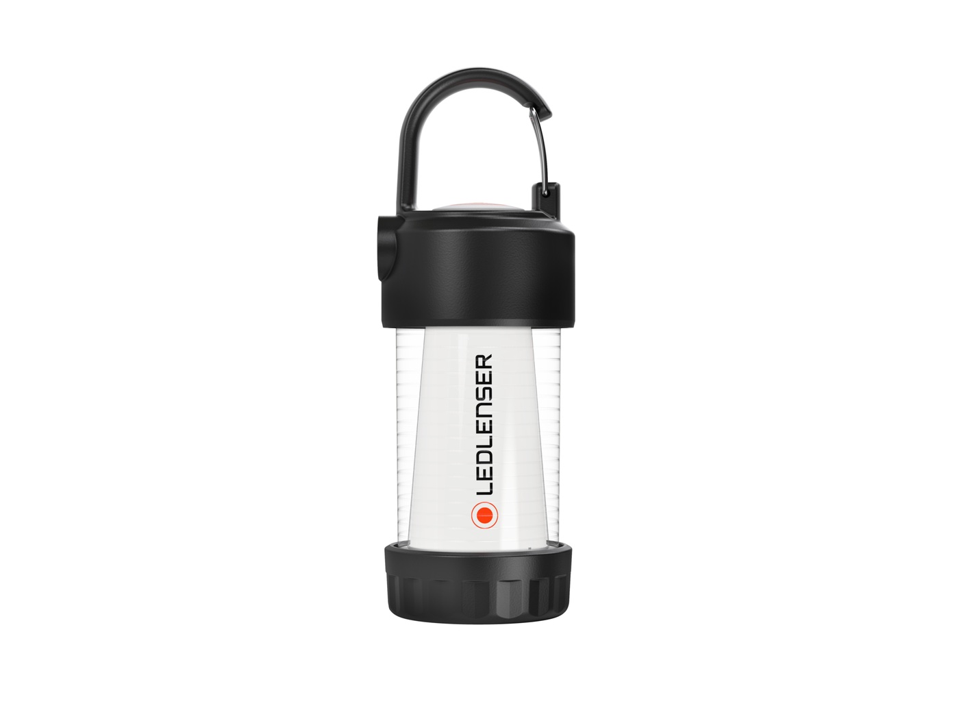 Ledlenser ML4 — mini lampáš s karabínou a rebrovaným difúzorom, čelný pohľad na bielom pozadí