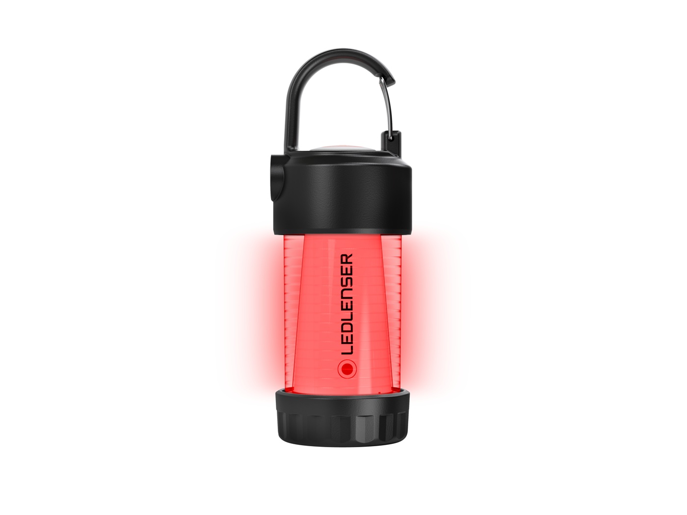 Ledlenser ML4 v červenom režime — celý difúzor svieti načerveno, čelný packshot na bielom pozadí