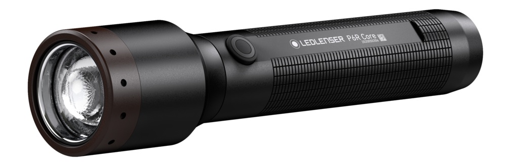 Ledlenser P6R Core — nabíjateľná LED baterka s vymeniteľným článkom 18650, čierne hliníkové telo s vrúbkovaním, pohľad zboku