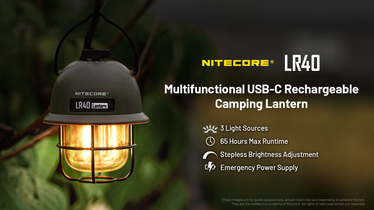 Nitecore LR40 zavesený na konári — retro kempingový lampáš s tromi svetelnými zdrojmi, výdržou 65 hodín a plynulým stmievaním