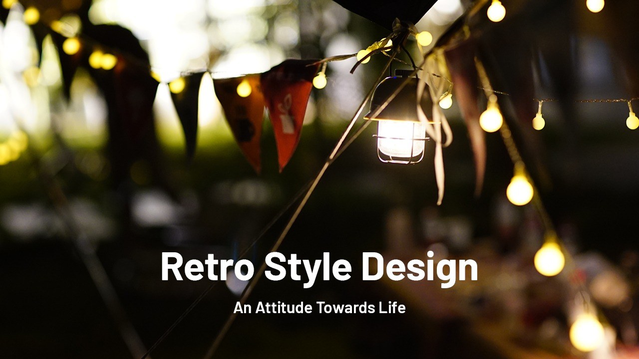 Nitecore LR40 retro dizajn zavesený medzi svetelnými reťazami — kempingový lampáš s kovovou klietkou a filamentovými trubicami