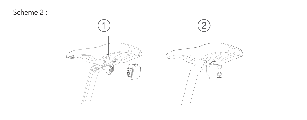 Nákres montáže držiaka Magicshine pod sedlo v dvoch krokoch z manuálu výrobcu, schéma Saddle mount