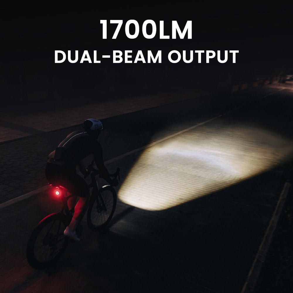 Magicshine EVO 1700 UT osvetľuje nočnú cestu — grafika výrobcu k dvojitému lúču s výkonom 1700 lúmenov