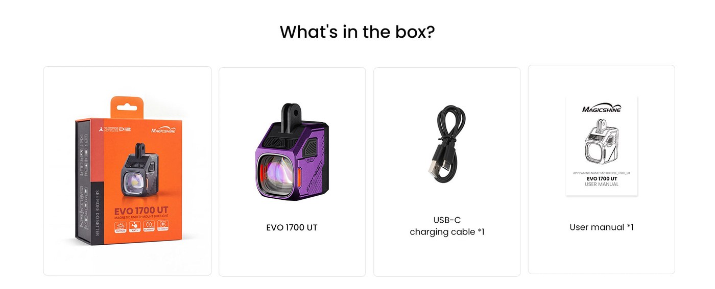 Magicshine EVO 1700 UT — obsah balenia: svetlo, nabíjací kábel USB-C a návod, držiak ani ovládač v ňom nie sú