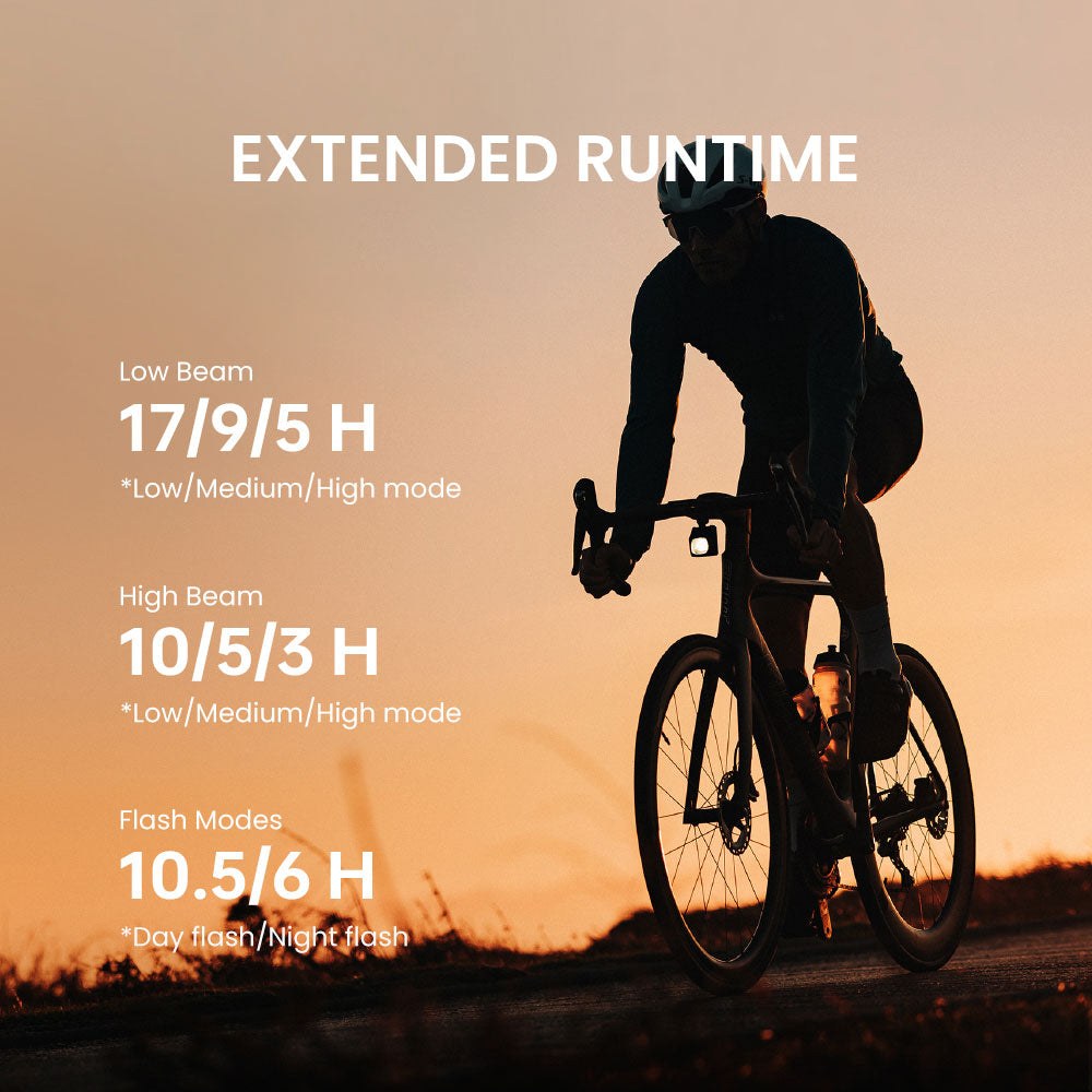 Magicshine EVO 1700 UT — tabuľka výdrže od výrobcu: tlmené 17/9/5 h, diaľkové 10/5/3 h, blikanie 10,5 a 6 h