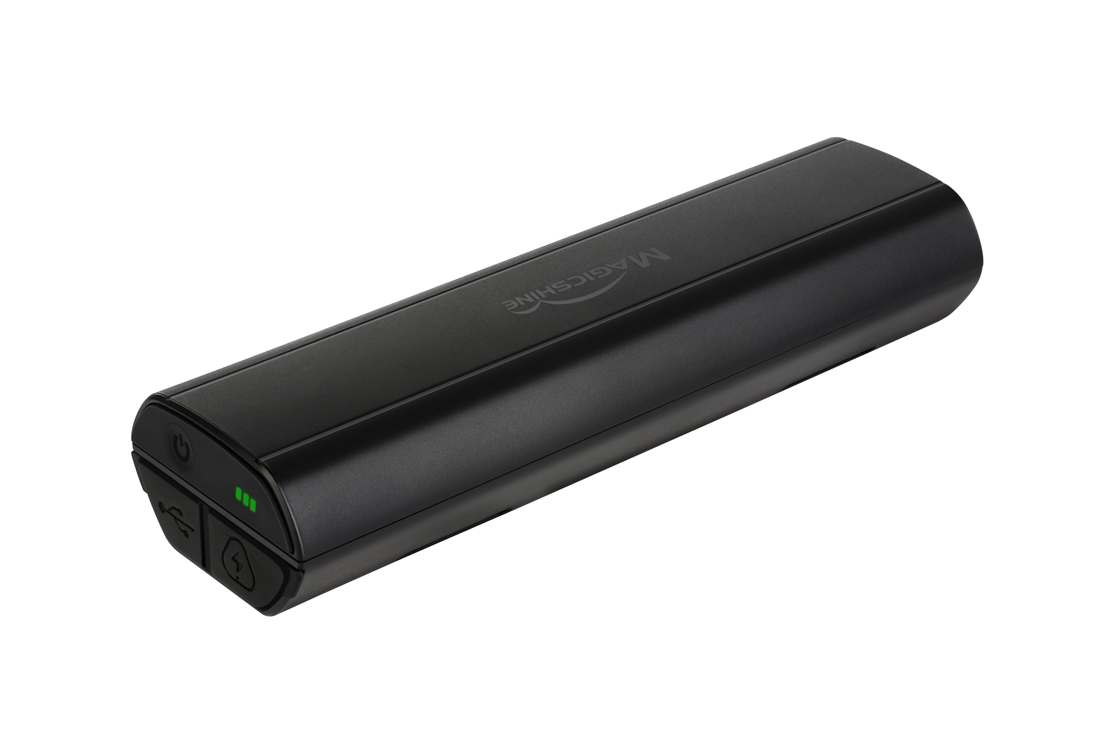 Magicshine MJ-6118 V2.0 batériový pack 10 000 mAh zošikma, na čele tlačidlo, tri zelené diódy a dve krytky portov