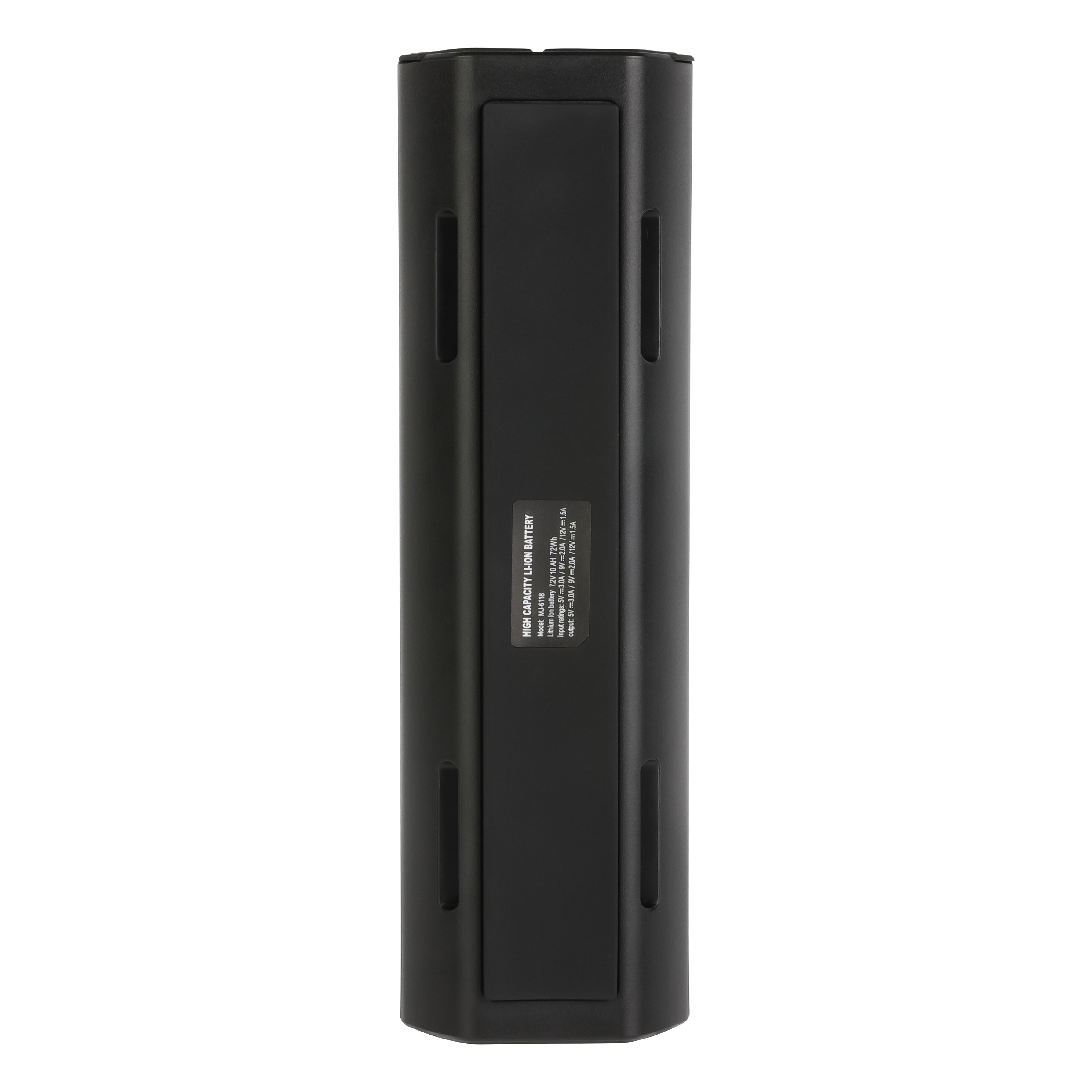 Štítok batériového packu Magicshine MJ-6118 V2.0: Li-ion 7,2 V, 10 Ah, 72 Wh, vstup a výstup 5 V, 9 V a 12 V