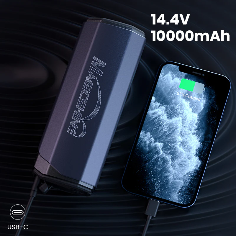 Infografika výrobcu k batérii Magicshine MJ-6398 s údajmi 14,4 V a 10 000 mAh a nabíjaným telefónom cez USB-C
