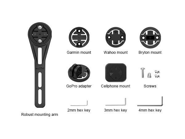 Obsah balenia Magicshine MJ-6536 MAA AERO: rameno, pätky Garmin, Wahoo, Bryton, GoPro adaptér, držiak na mobil a kľúče